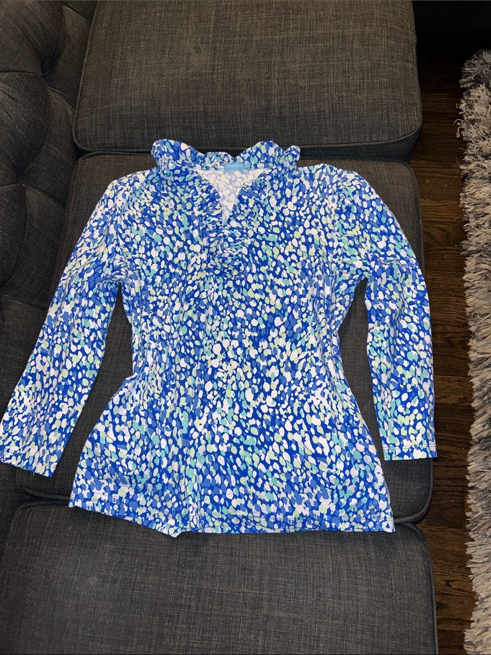 J.McLaughlin Durham Ruffle Top Blue & Green Blouse